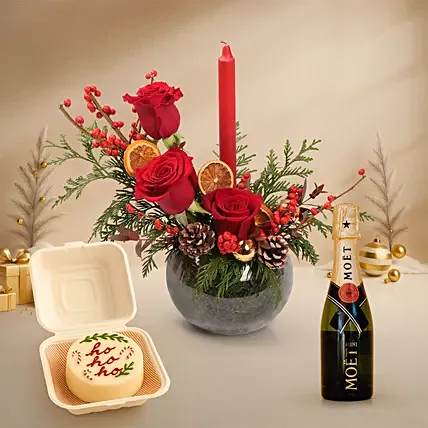 Elegant Christmas Candle Floral Bowl - Moet Mini and Bento Xmas Cake: Christmas Flowers