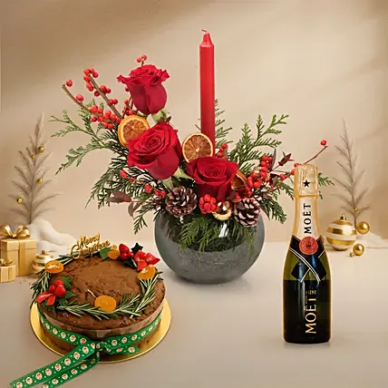 Elegant Christmas Candle Floral Bowl - Moet Mini and Plum Cake Set: Plum Cakes