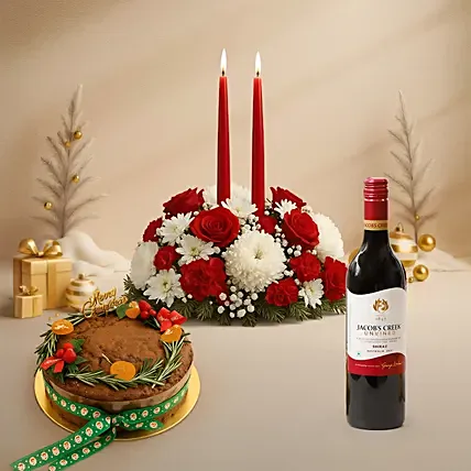 Candle and Flower Centerpeice with Wine and Plum Cake: Christmas Flowers and Cake