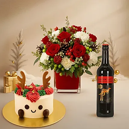 Xmas Red Floral Vase with Wine and Reindeer Cake: Vanilla Cakes