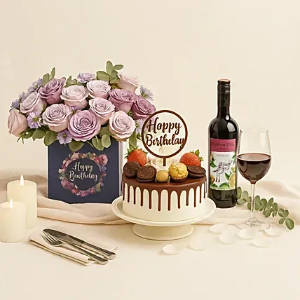 Birthday Gift Set - Roses Cake & Wine: Gifts
