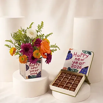 Happy New Year Flowers & Chocolate Truffle Set: Chocolates Delivery Singapore