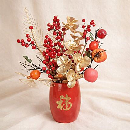 CNY Artificial Arrangment in Red Pot: Chinese New Year Flowers