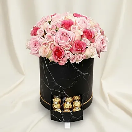 Stylish Box Of Pink Roses and Chocolates: Ferrero Rocher Chocolates