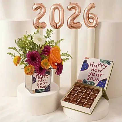 New Year Floral Chocolate & Balloon Celebration Set: Chocolates Delivery Singapore