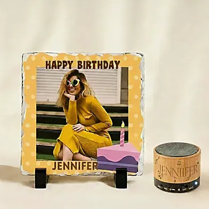 Happy Birthday Personalised Slate Frame with Engraved Bluetooth Speaker: Personalised Accessories