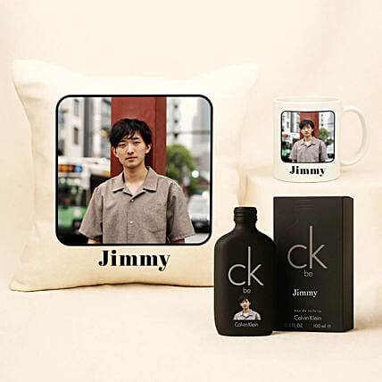 Personalised Photo Cushion and Mug with Calvin Klein Be Perfume Gift Set: Perfumes