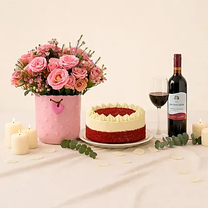 Pink Perfection Blooms with Cake and Wine: Birthday Cake Singapore