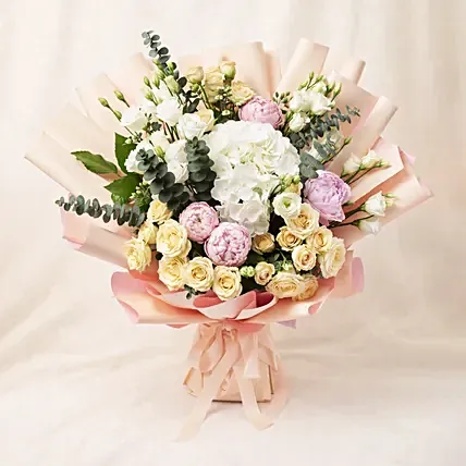 Ravishing Mixed Flowers Wrapped Bouquet: Pink Flowers