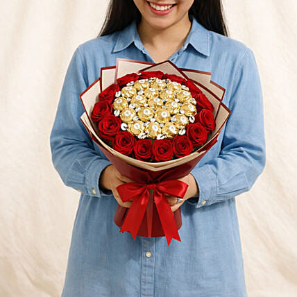 Red Roses & Ferrero Rocher Chocolate Bouquet Gift Combo: Chocolates Delivery Singapore