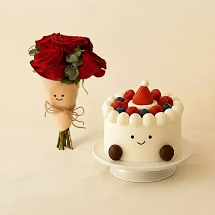 Smiley Mini Jelly Cat Red Roses Bouquet and Cake: Fresh Fruit Cakes