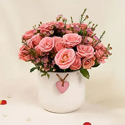 Pink Perfection Blooms in White Heart Vase: Anniversary Gifts
