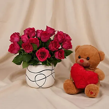 Romantic Dark Pink Roses & Teddy: Valentine's Day Gifts
