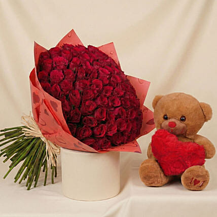 75 Dark Pink Roses & Teddy: Valentine's Bouquets