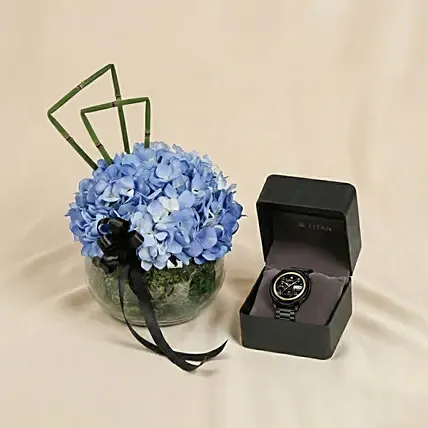 Luxury Blue Hydrangea Flowers with Titan Men&rsquo;s Watch: Blue Flowers