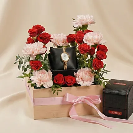 Titan Watch and Flowers Gift for Her: Valentine's Combo Gifts