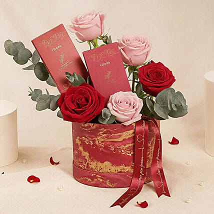 Roses and Chocolate Box Gift Set: Valentine's Day Flowers