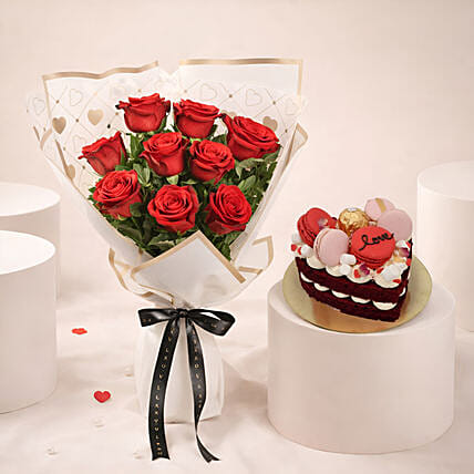 9 Roses and Cake Combo: Valentines Day Gifts Bestsellers