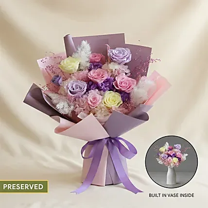 Pretty Preserved Valentine 2 in 1 bouquet with built-in vase: Birthday Flowers Singapore