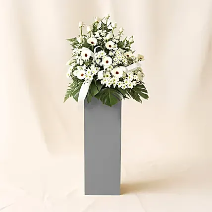 Serene Mixed Flowers Brown Stand Arrangement: Condolence Flowers