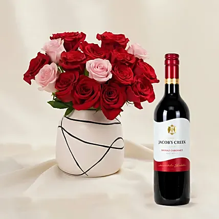 Blush of Love Roses and Wine for Valentine's: Valentine's Day Flowers with Wine
