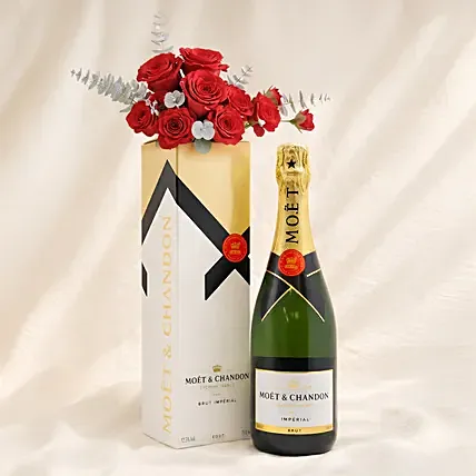 Moet Chandon Brut Imperial and Roses Arrangement for VDay: Valentine's Day Flowers with Wine