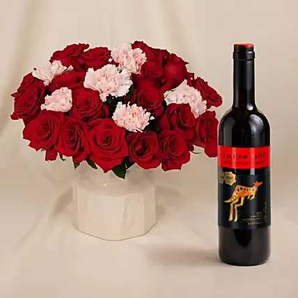 Roses and Carnations in Premium Vase and Wine for Vday: 