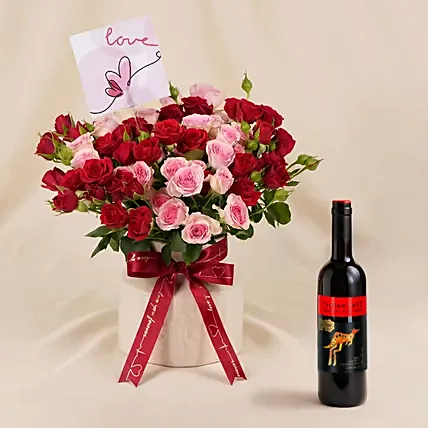 Spray Roses in Premium Ceramic Vase n Wine Gift: 