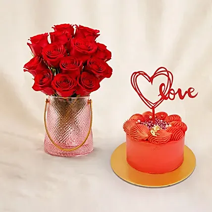 Valentine's Roses Elegance Vase n Cake Set: Valentine's Day Cakes