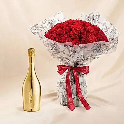 Valentine's Special 50 Roses Bouquets with Bottega Wine: 