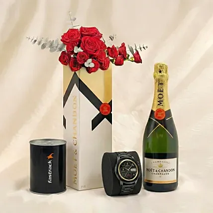 Wine, Roses and Watch Gift for Him: Valentine's Day Flowers with Wine