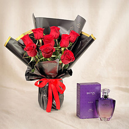 Love 9 Roses Bouquet and Titan Sheer 100 ML for Her: Flowers With Perfume