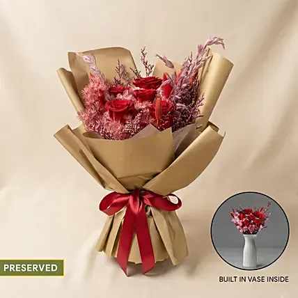 Valentines Preserved Roses 2 in 1 bouquet with built-in vase: Anniversary Gifts
