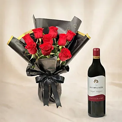 Valentine's Day 9 Roses Bouquet n Wine Combo: Valentine's Day Flowers with Wine