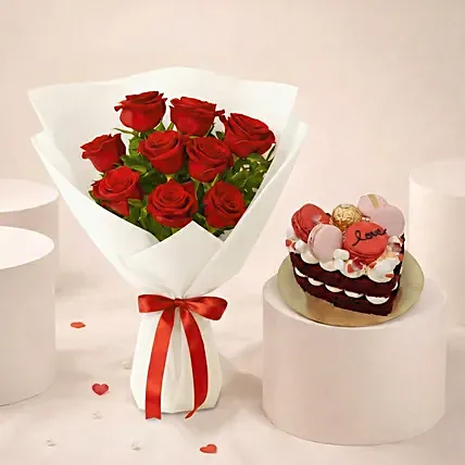 Love 9 Red Roses Bouquet and Cake Bundle: Valentine's Day Cakes