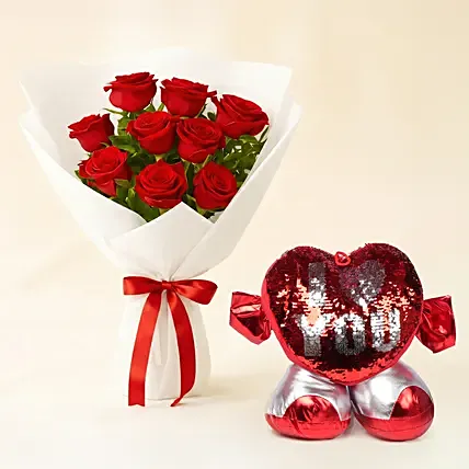 Love 9 Red Roses Bouquet n Heart Cushion: Valentine's Flowers