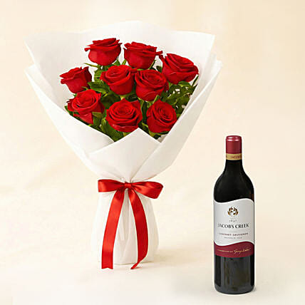 Love 9 Red Roses Bouquet n Wine: Valentine's Day Flowers with Wine