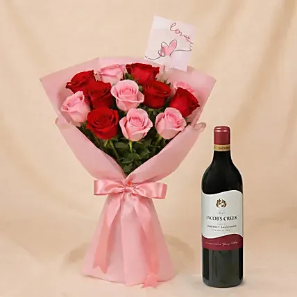 Spray Roses in Premium Ceramic Vase n Wine Gift Bundle: Valentine's Day Flowers with Wine