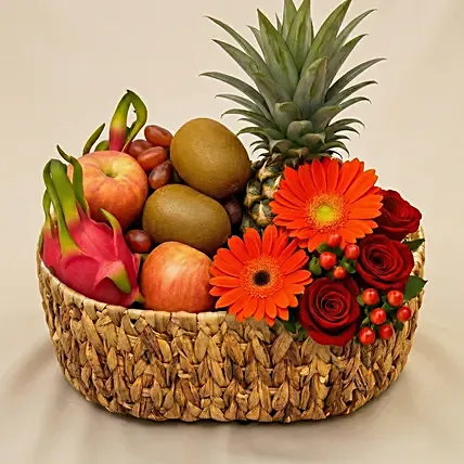 Mixed Flowers & Assorted Fruits Brown Basket: Thanksgiving Gifts Singapore