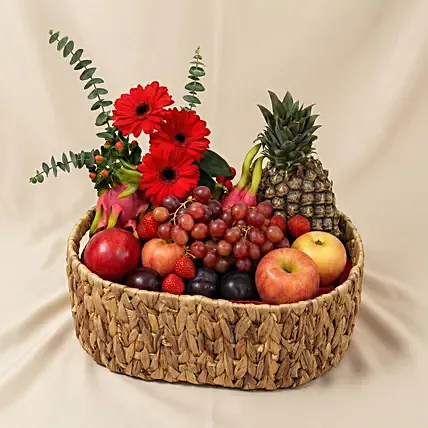 Mixed Red Flowers & Assorted Fruits Oval Basket: Wellness Hampers Singapore