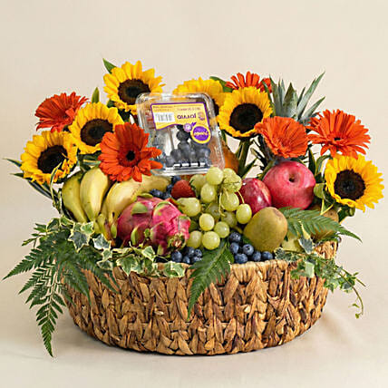 Sunflowers, Gerberas & Exotic Fruits Celebration Basket: Fathers Day Gift Hampers
