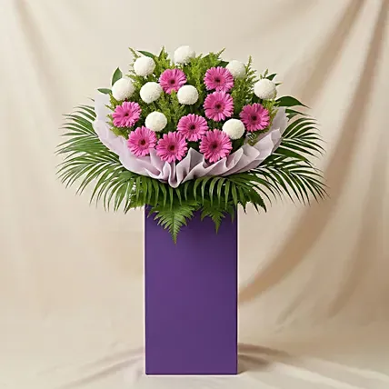 Gerberas N White Ball Mums Flower Stand: 