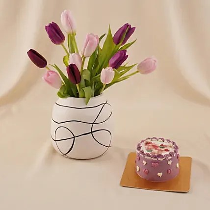 Tulip Flower Arrangement with Mini Heart Cake Gift Set: women's day flowers