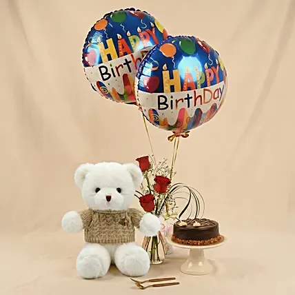 Birthday Surprise Combo with Roses, Cake, Teddy & Balloons: Soft Toys