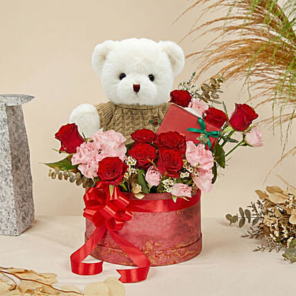 Flowers Teddy and Chocolate Box: Flowers & Teddy Bear