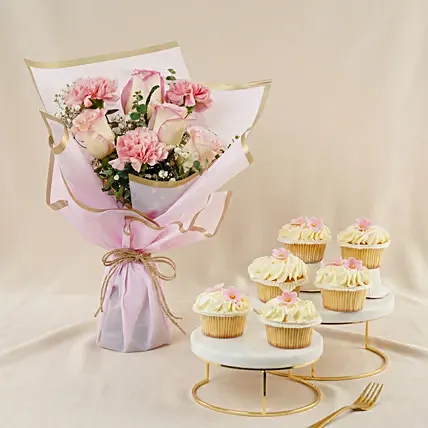Flowers and Cupcakes Combo &ndash; Pink Blooms & Vanilla Treats: Mother's Day Flowers