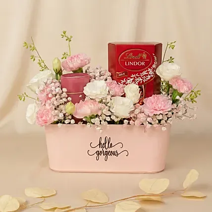 Charming Pink Basket with Flowers, Lindt Chocolates & Candle: Flowers and Chocolates
