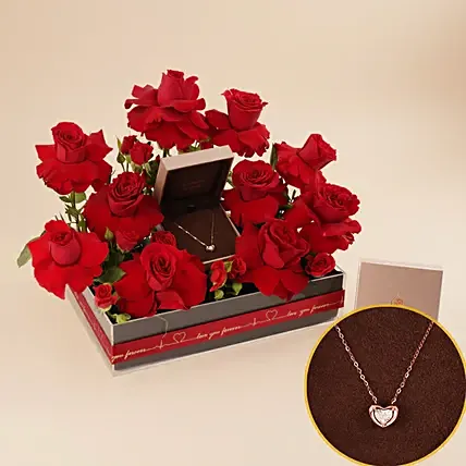 KOOHEJI Diamond Heart Gold Necklace & Roses: Combo Gifts