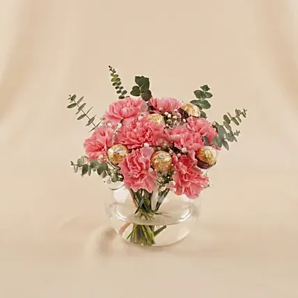 Pink Carnation & Ferrero Rocher Vase Arrangement: Flowers and Chocolates