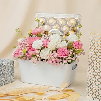 Flowers and Fererro Rocher Chocolate Basket: Flower and Chocolates For Anniversary